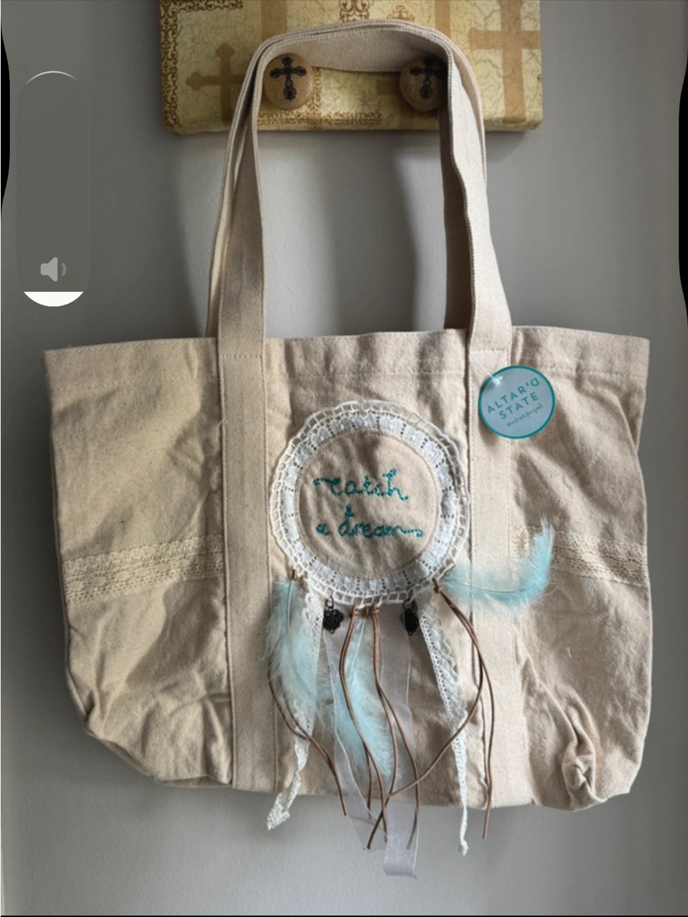 Altar'd State Beige Canvas Tote with Dreamcatcher & Pale Blue Feather Accents